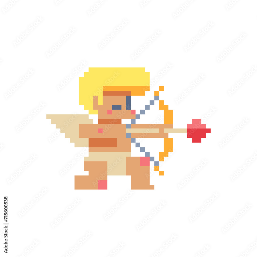 Fototapeta premium Angel with bow and arrow, Valentine's day. Pixel art. Cupid character. Design greeting card. Sticker design. Isolated vector illustration. 