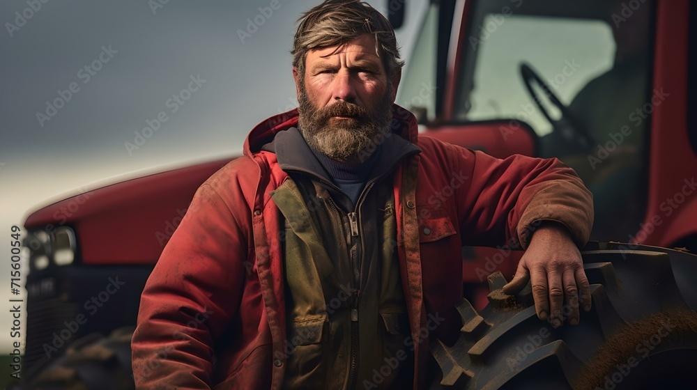 Rugged farmer with a beard pausing for a moment next to his tractor at dusk Rugged farmer with a beard pausing for a moment next to his tractor at dusk