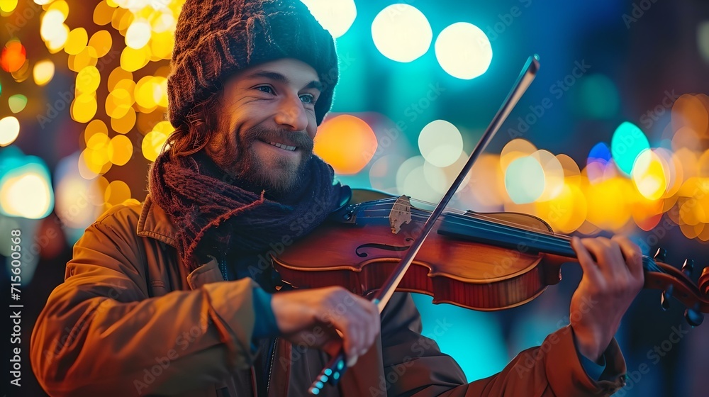 Smiling street musician playing violin at night amidst colorful bokeh lights
