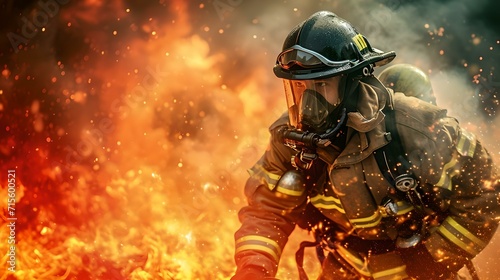 Brave firefighter in action amidst intense flames and smoke