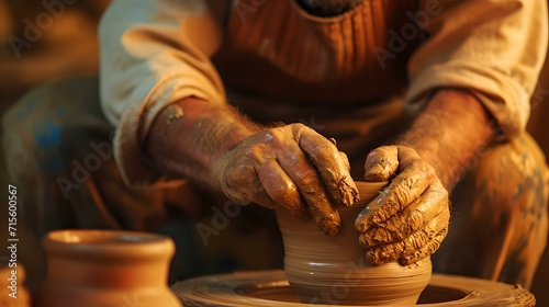Artisan potter molding clay on wheel in workshop, crafting pottery photo