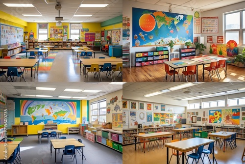 A classroom filled with colorful educational posters and charts, creating an engaging learning environment.