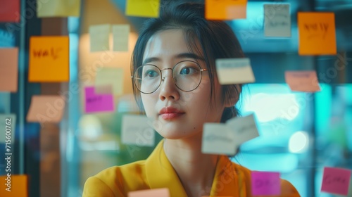 Portrait shot of Cheerful young adult business Asian woman sticking adhesive paper notes to a glass wall