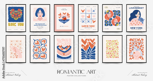 Modern Romantic, Valentine's day vertical flyer or poster template. Love hand drawn trendy illustration.