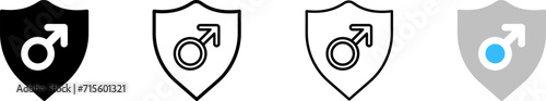 Male gender icons in shield. Line, male gender in shield, protection design. Vector icons