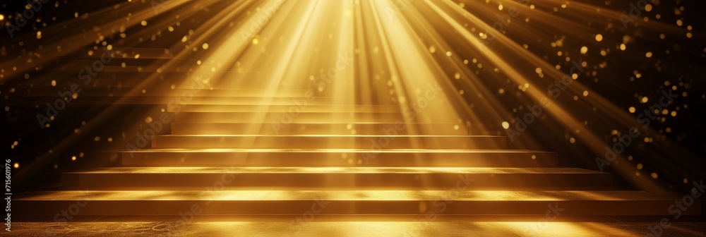 Abstract golden light rays scene with stairs - obrazy, fototapety, plakaty 