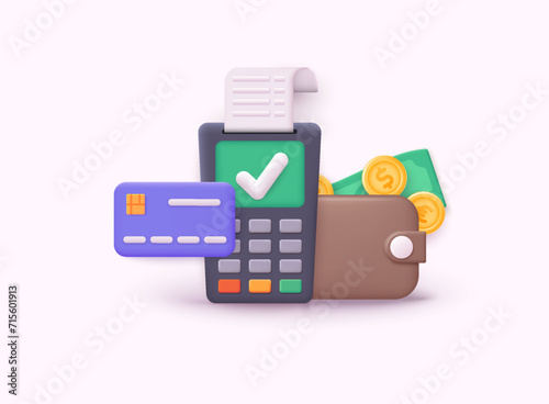 Dollars and gold coins stack. Wealth and banking icon. 3d payment terminal with red cross checkmark. Cashless NFC payment transaction canceled. 3D Web Vector Illustrations.