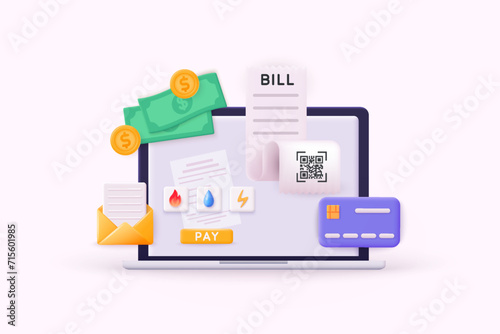 Payment concept. Invoice and electricity meter. Utility bills payment. Payment of utility, bank, restaurant and other. 3D Vector Illustrations.