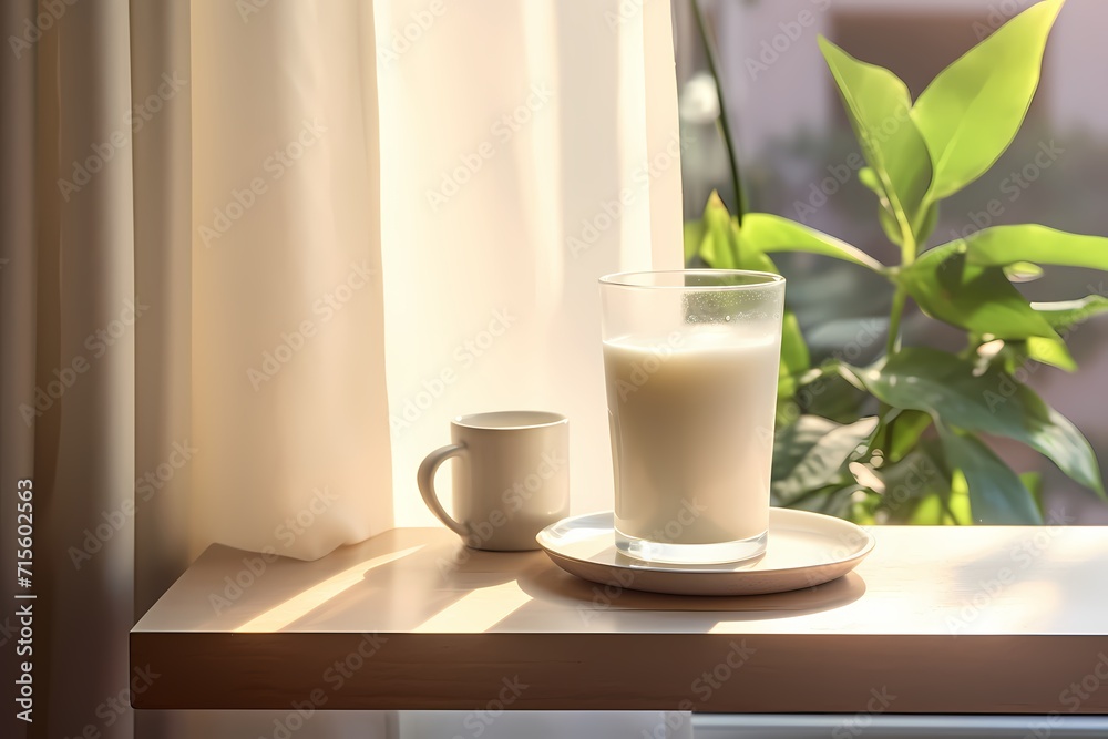 A glass of milk placed on a window sill, with sunlight streaming in, creating a serene ambiance.