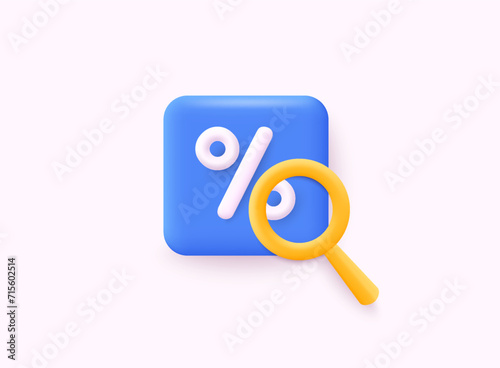 Percent with magnificent glass. Interest low price 3d percent discount vector icon. 3D Web Vector Illustrations.