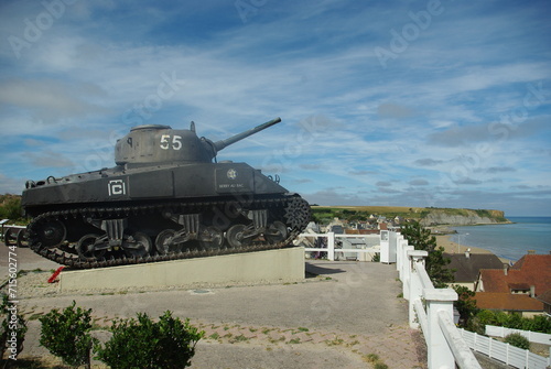 Old Sherman tank as a memorial at Arromanches-les-Bains, normandy,  france,  august 2022