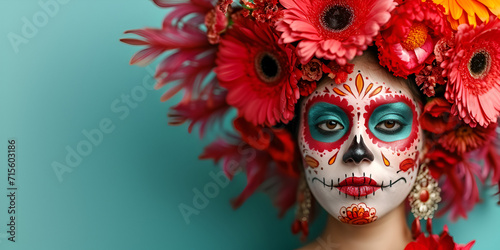 Mexican woman with day of the dead makeup, flowers and skull, mexico holiday, generative ai