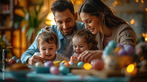 Happy family members enjoy talking and having dinner together on Easter celebrations at home. Hispanic father, mother, and kids spend Thanksgiving holiday lifestyle, Roasted Turkey on dining table