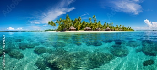 Tropical paradise stunning panoramic view of a beach with crystal clear waters and palm trees © Aliaksandra