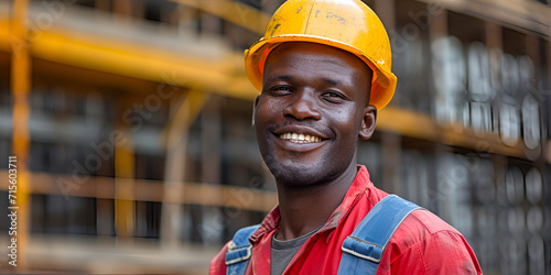 Builder smiling, construction site, positive worker, diversity, hard hat, labor day, generative ai © Saleem