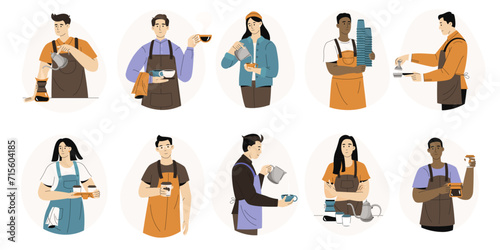 Barista character. Cartoon cafe worker preparing coffee and espresso, barista making cappuccino and latte. Vector coffee shop employee isolated set