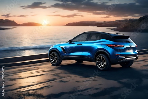 blue compact SUV with a sporty and modern design, parked on a concrete road by the sea at sunset, highlighting its environmentally friendly technology    © Noor