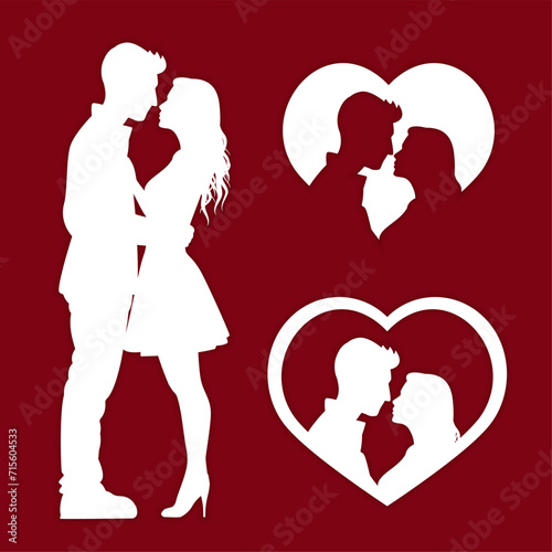 Silhouette of couple. Romantic couple in love, kiss moment. Isolated on red background, face in profile. Decoration for Valentine's Day. Elements for CNC cutting. Paper craft and carving.