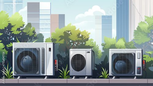 3d rendering of condenser unit or compressor outside factory plant. Unit of ac air conditioner, heating ventilation or hvac air conditioning system. Include fan, coil and pump inside for heat and cool photo