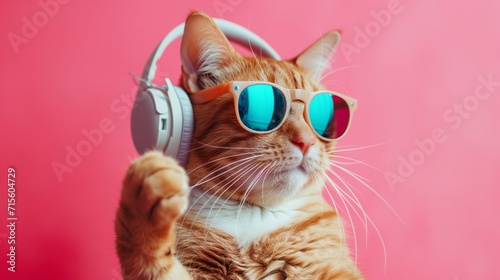 Cute ginger cat in headphones on a pink background photo