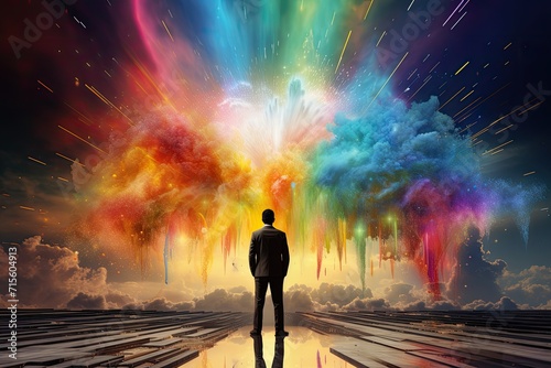 man stand in front of colorful rainbow cloud good idea concept