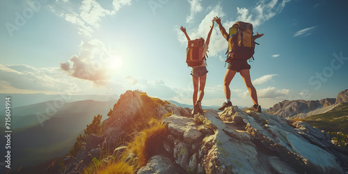 Hikers with backpacks jumping with arms up on top of a mountain - Couple of young happy travelers climbing the peak - Family, travel and adventure concept, generative ai