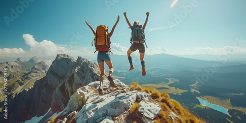 Hikers with backpacks jumping with arms up on top of a mountain - Couple of young happy travelers climbing the peak - Family, travel and adventure concept, generative ai