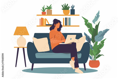 An individual attending an online therapy session on their laptop, psychological help drawings, flat illustration photo