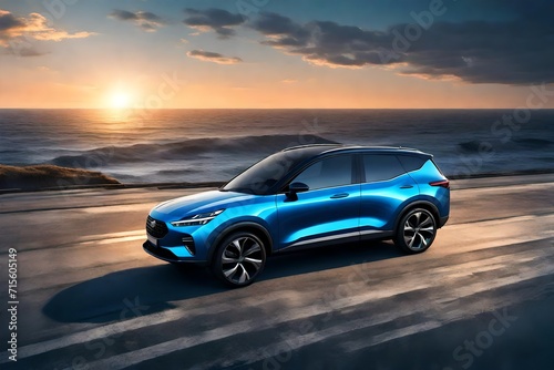 blue compact SUV with a sporty and modern design, parked on a concrete road by the sea at sunset, highlighting its environmentally friendly technology 