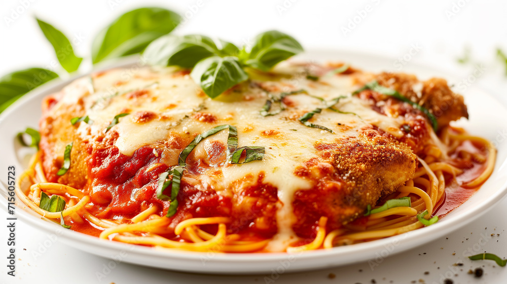 Chicken Parmesan on white background Chicken Parmesan on white background