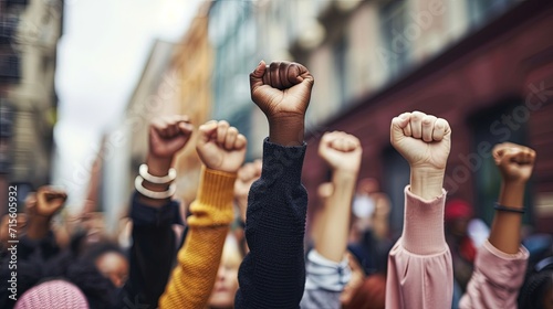 Protestors fists raised up in the air. In a powerful display of dissent, hands form clenched fists, embodying the spirit of resilience and resistance. A peaceful protest for a better world. photo