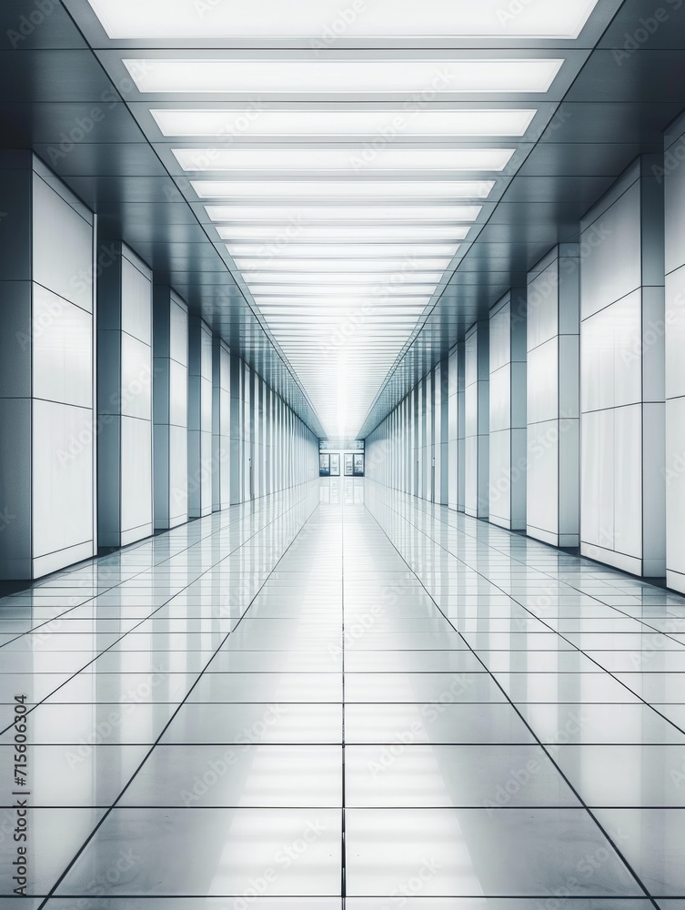 Long corridor in modern office building with glowing lights. A modern and futuristic photograph of a sleek, symmetrical hallway in a contemporary building, emphasizing clean lines Long corridor in modern office building with glowing lights. A modern and futuristic photograph of a sleek, symmetrical hallway in a contemporary building, emphasizing clean lines