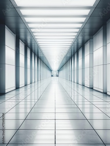 Long corridor in modern office building with glowing lights. A modern and futuristic photograph of a sleek, symmetrical hallway in a contemporary building, emphasizing clean lines