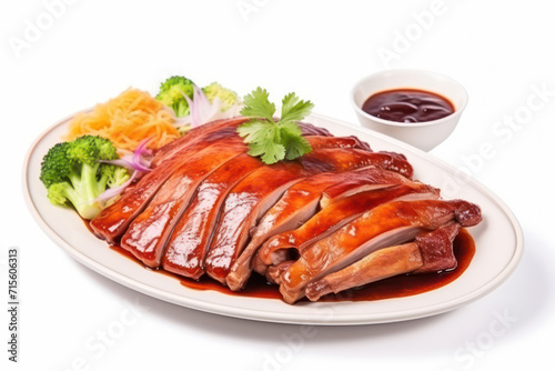 Sizzling Roast Duck with Delicious Chinese BBQ Sauce, Juicy Meat, and Crispy Skin on a White Plate