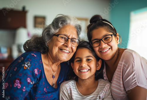 AI Generated Image Portrait of beautiful Latin grandma daughter and granddaughter at home Women’s Day concept photo