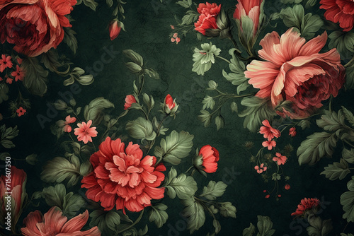 Decorative green and red blooming flowers in Rococo style background. Copy space and luxurious style