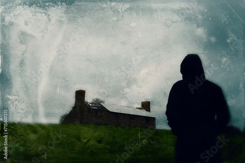 A mysterious hooded figure looking at a ruined farm building on top of a hill. With a grunge vintage edit.