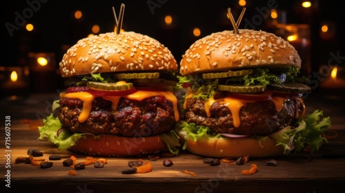 Two burgers on wooden table.