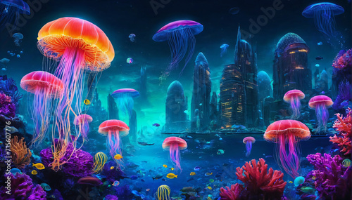 A surreal underwater cityscape with bioluminescent coral reefs and floating jellyfish, neon colors, high resolution, dreamlike. AI Generativ
