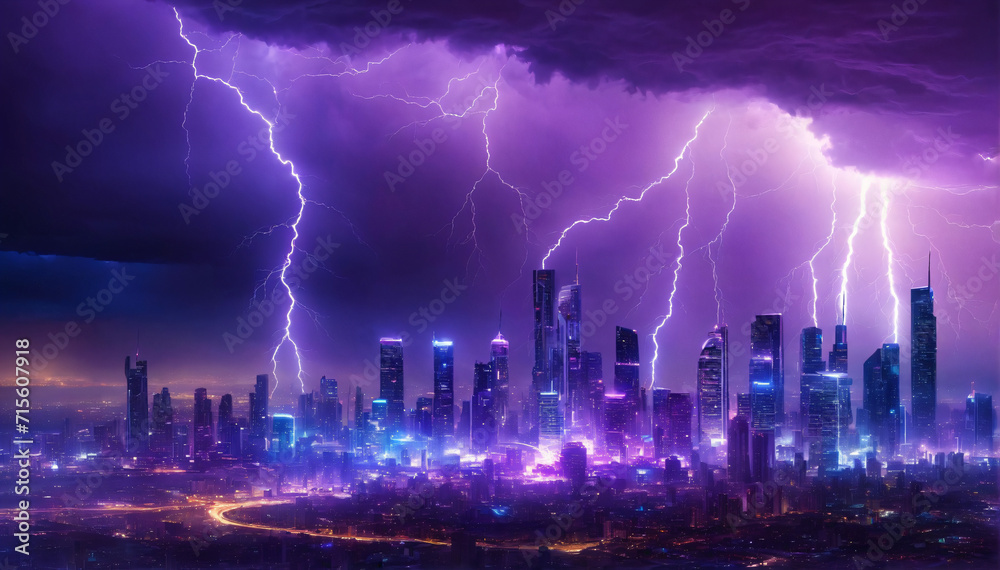 An abstract representation of a thunderstorm brewing over a futuristic city skyline, electric blues and purples, 4k resolution. AI Generativ