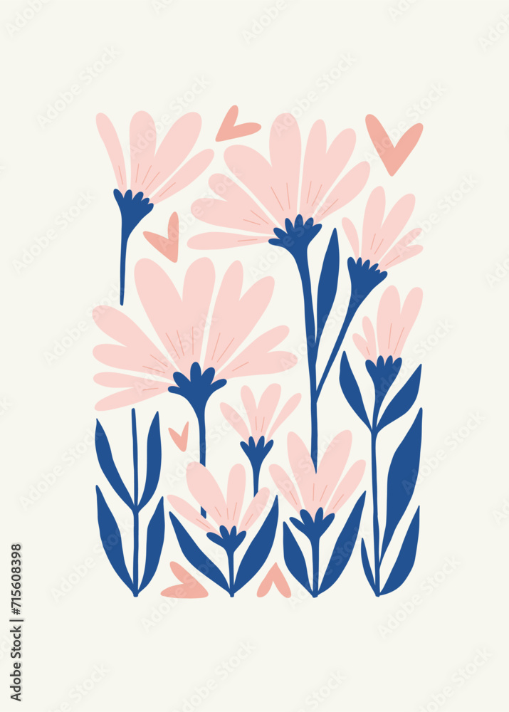 Fototapeta premium Modern Romantic, Valentine's day vertical flyer or poster template. Love hand drawn trendy illustration.