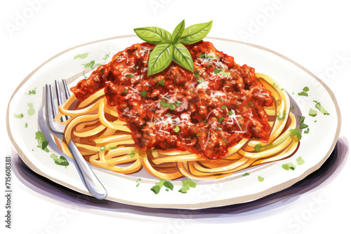 Delicious Italian Bolognese Spaghetti: A Closeup on a Plate of Traditional Gourmet Pasta with Red Tomato Sauce, Basil Leaf, and Parmesan Cheese on a White Dinnerware, Creating a Meaty and Healthy Meal