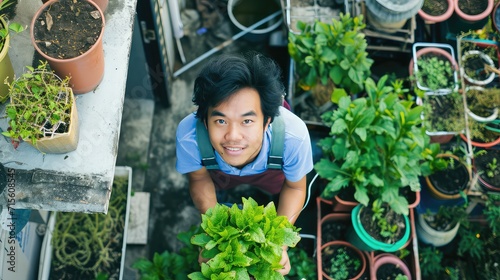 Amidst the vibrant blooms and verdant foliage, the man's hands move with purpose, their touch an expression of his reverence for the beauty and resilience of nature. photo