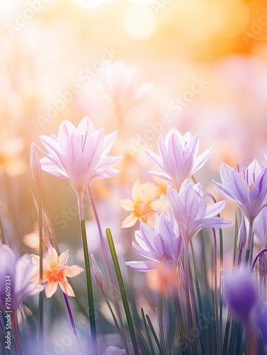 sunlight on Easter flowers, abstract blank blurred spring background, beauty in nature concept, copy space - generative ai