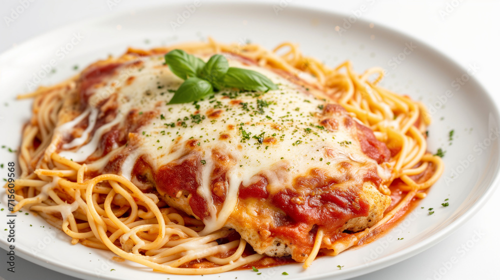 Chicken Parmesan on white background Chicken Parmesan on white background