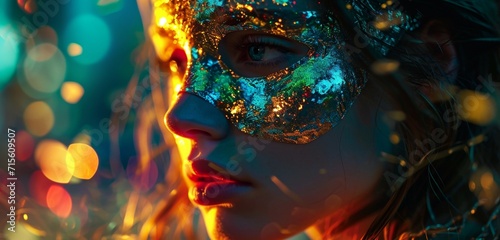 Enchanting holographic mask gracing a girl's face, creating otherworldly charm against a dark backdrop.