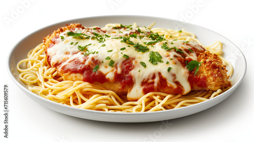 Chicken Parmesan on white background