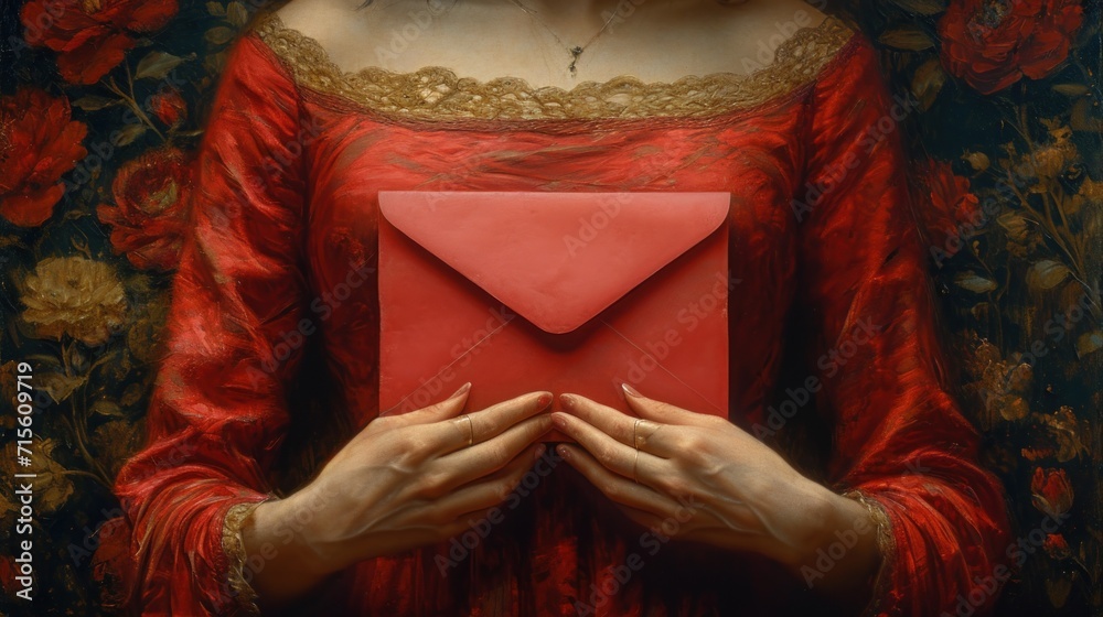 Fototapeta premium woman hand holding red envelope, close up shot