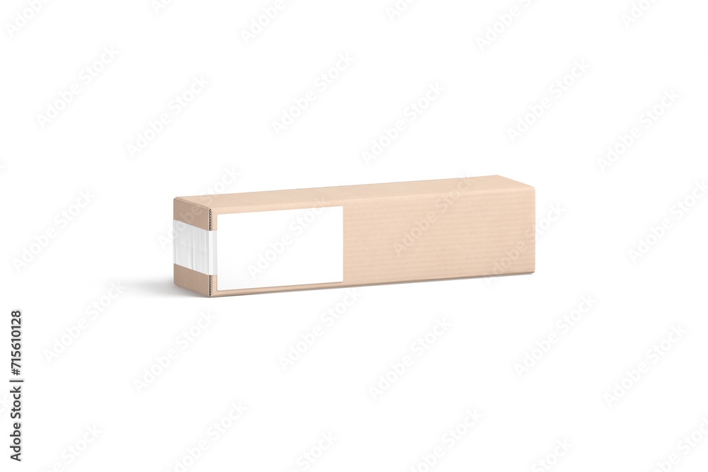 Blank white shipping label on craft box mockup, side view Blank white shipping label on craft box mockup, side view