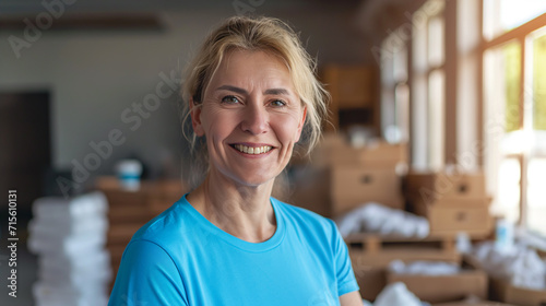 Mulher de meia idade com camiseta azul e sorriso  photo